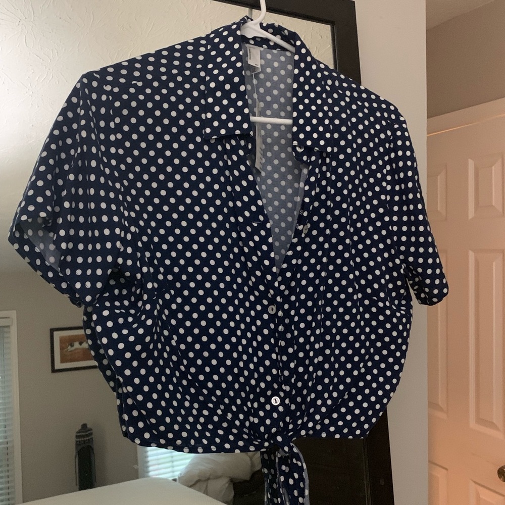 American apparel blue and white polka dot crop top